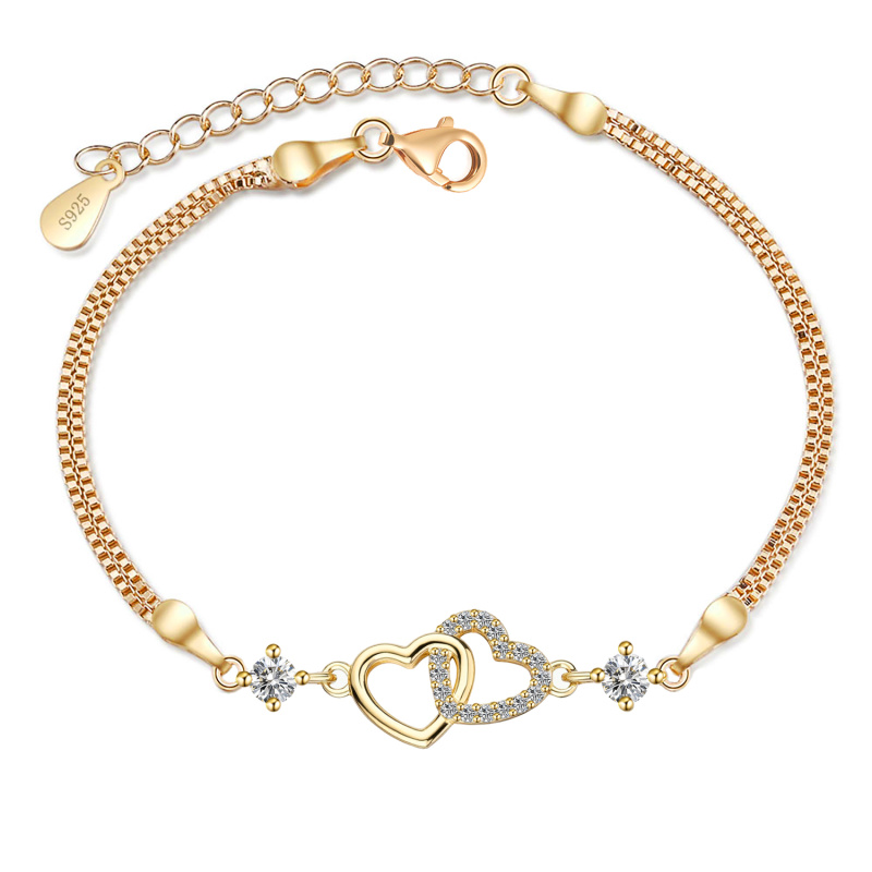 Olivie Stříbrný náramek SPOJENÁ SRDCE MOISSANITE GOLD 9834