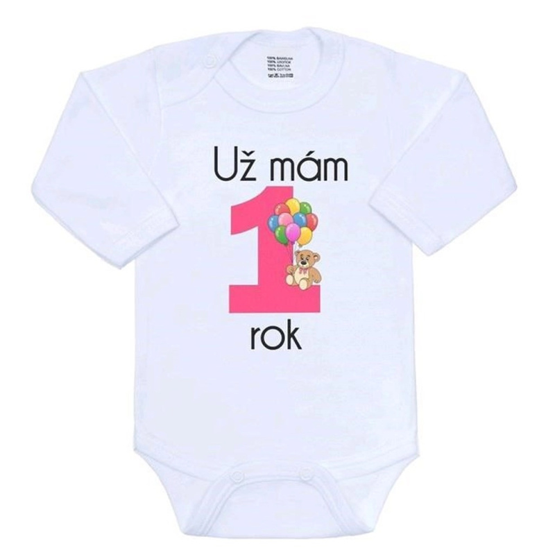 Dojčenské body s potiskem New Baby Už mám 1 rok, růžové, vel. 86