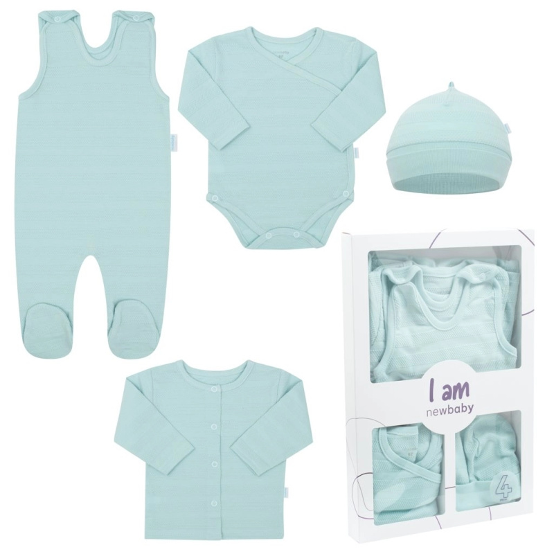 4dílná novorozenecká sada NEW BABY I AM, mentolová, vel. 56 (0–3 měsíce)