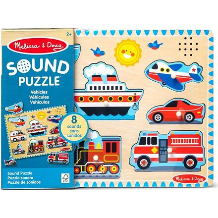 Melissa&Doug Dřevěné puzzle se zvuky, dopravní prostředky