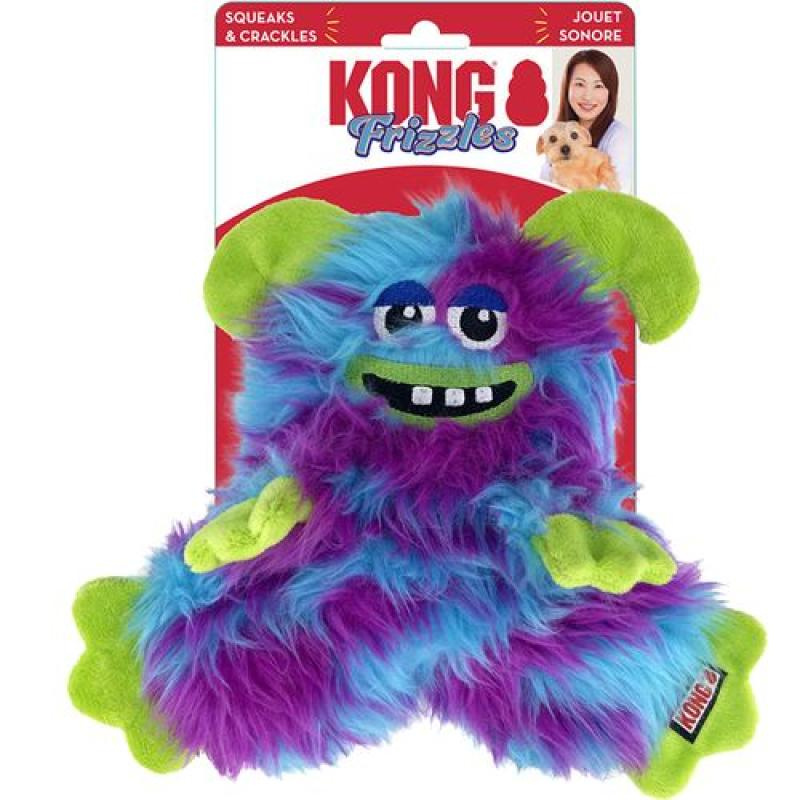 Kong Frizzles Razzle barevná pískací plyšová hračka pro psy 6,5x13x16,5cm