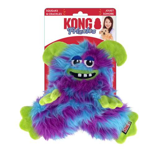Kong Frizzles Razzle barevná pískací plyšová hračka pro psy 6,5x13x16,5cm