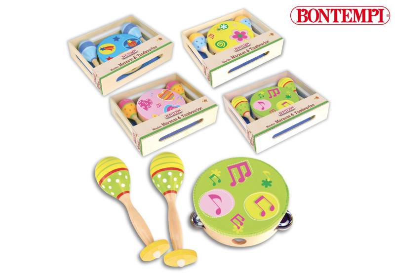Bontempi Dřevěný set tamburína a maracas s veselými obrázky