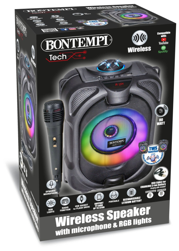 Bezdrátový karaoke reproduktor s mikrofonem, světelnými efekty a displejem