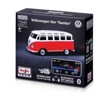 Maisto RC - DIE-CAST METAL se světly, 1:41, Volkswagen Van Samba, červená, 2,4GHz, USB,XTR,Bluetooth
