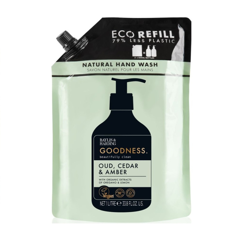 Baylis & Harding Goodness Oud, Cedar & Amber přírodní tekuté mýdlo na ruce REFILL 1000 ml
