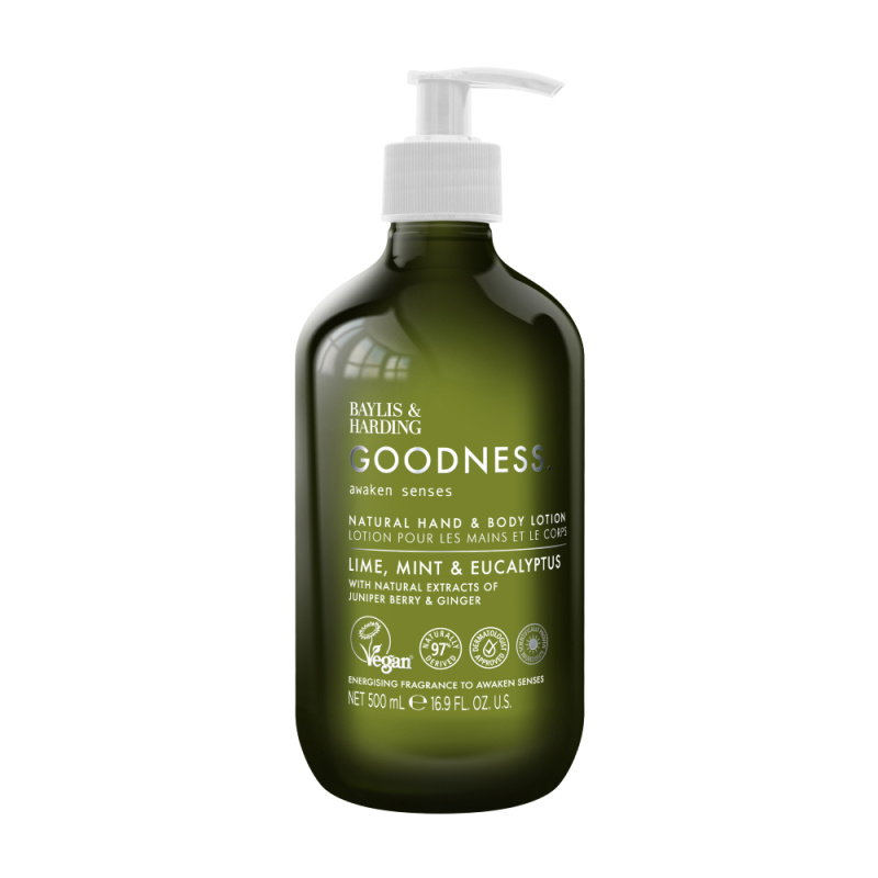 Baylis & Harding Goodness Awaken Senses mléko na ruce a tělo s osvěžujícím účinkem vůně Lime, Mint & Eucalyptus 500 ml