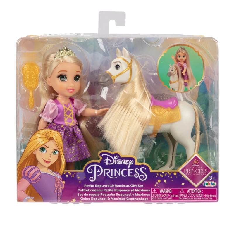 Princezna RAPUNZEL nebo BELLE s koníkem a kartáčem, panenka 15 cm