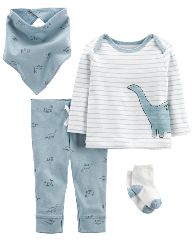 Carter's 4dílný set pro kluky Blue Dino – tričko s dlouhým rukávem, tepláky, ponožky a bryndáček