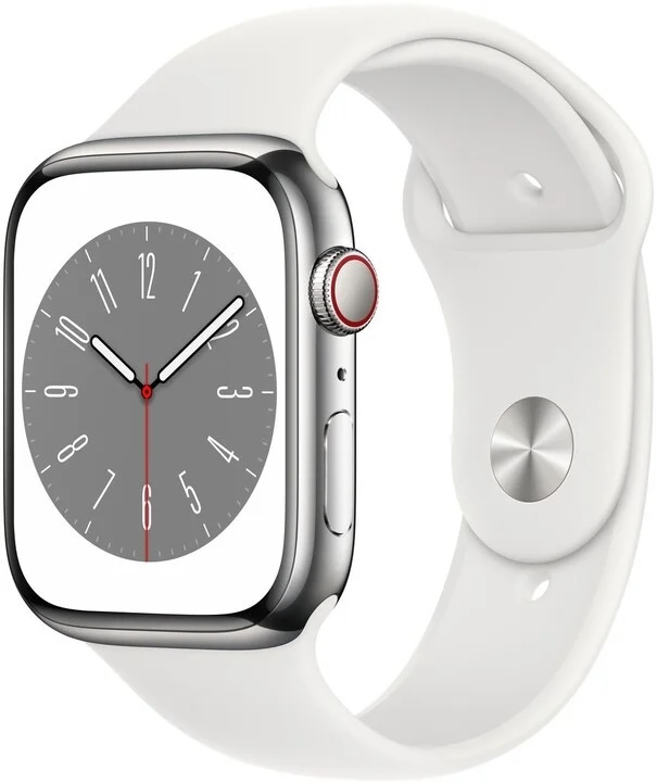 Apple Watch Series 8 41mm (Nerozbaleno) GPS Stříbrná nerezová ocel s bílým sportovním řemínkem