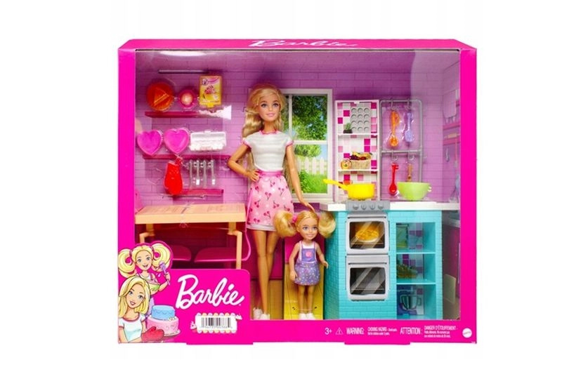Barbie a Chelsea sada na společné pečení s kuchyňkou a jídelním stolkem