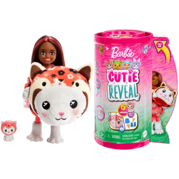 Barbie Cutie Reveal Chelsea v kostýmu kotě v červeném kostýmu pandy HRK27