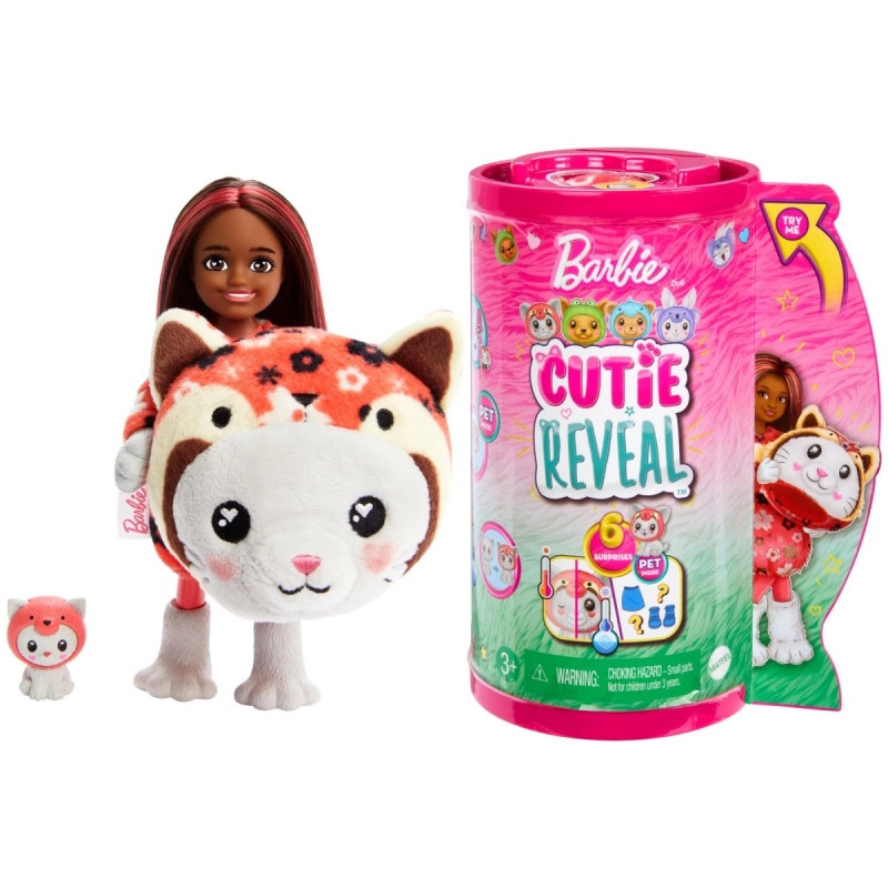 Barbie Cutie Reveal Chelsea v kostýmu kotě v červeném kostýmu pandy HRK27