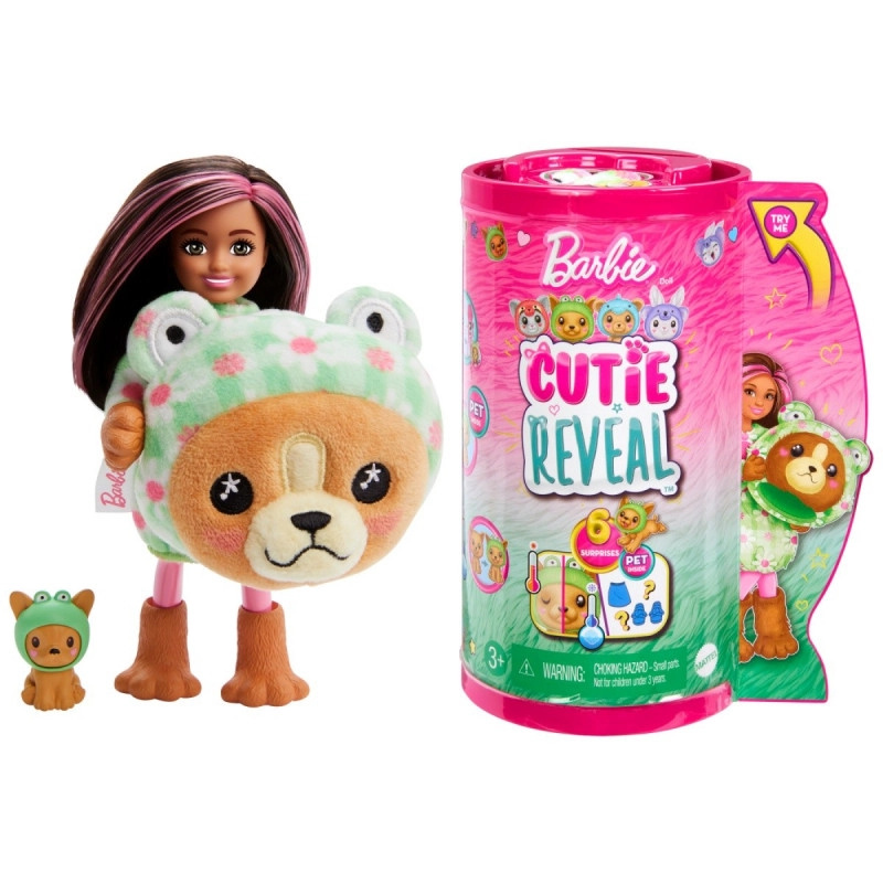 Barbie Cutie Reveal Chelsea v kostýmu pejsek v zeleném kostýmu žabky HRK27