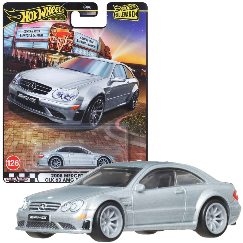 Hot Wheels Premium Boulevard – Mercedes‑Benz CLK 63 AMG Black Series model 1:64, stříbrný