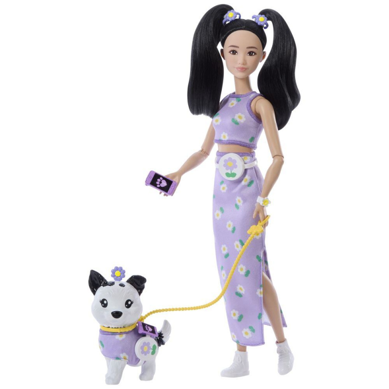 barbie dvojitý outfit květiny – panenka s pejskem a doplňky