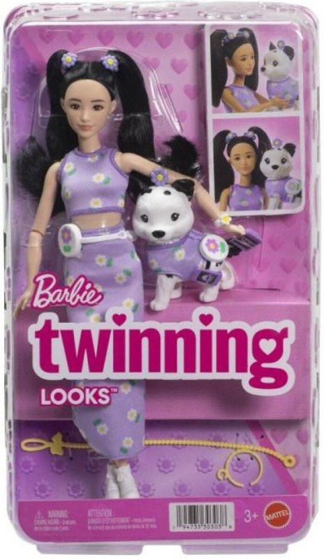 barbie dvojitý outfit květiny – panenka s pejskem a doplňky