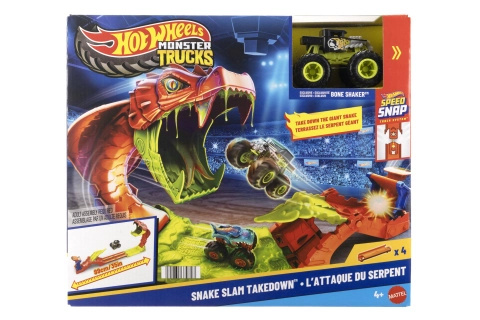 Hot Wheels Monster Trucks Snake Slam Takedown herní set s truckem BONE SHAKER