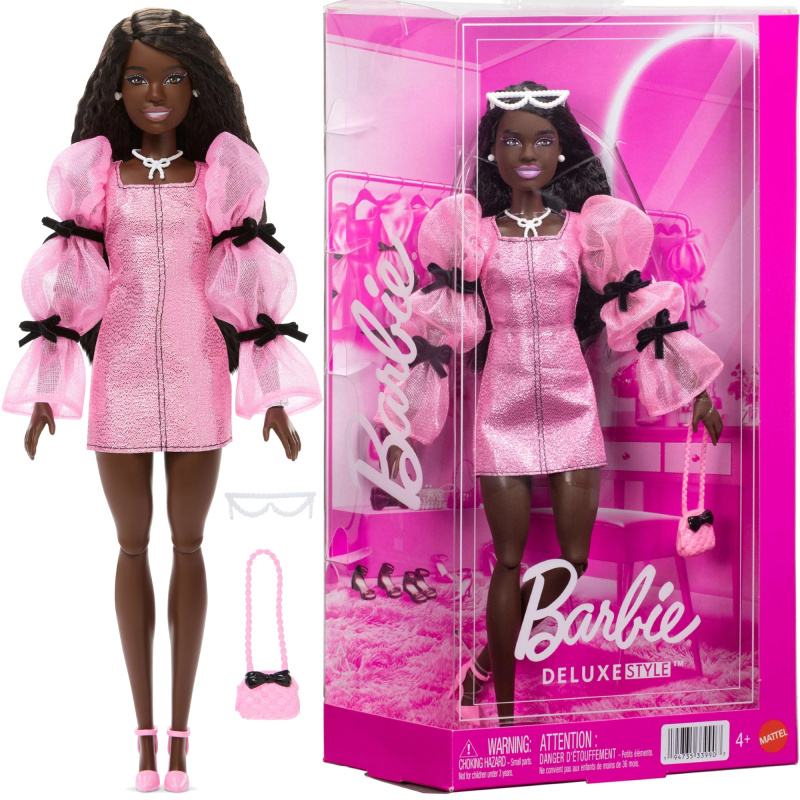 Mattel Barbie deluxe style módní panenka v růžovo-černém outfitu s doplňky