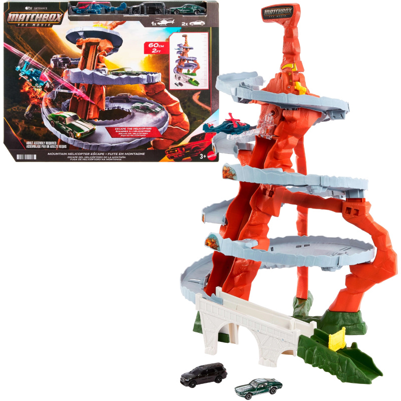 Matchbox The Movie horská honička s helikoptérou herní set (dráha + 2 autíčka + helikoptéra)