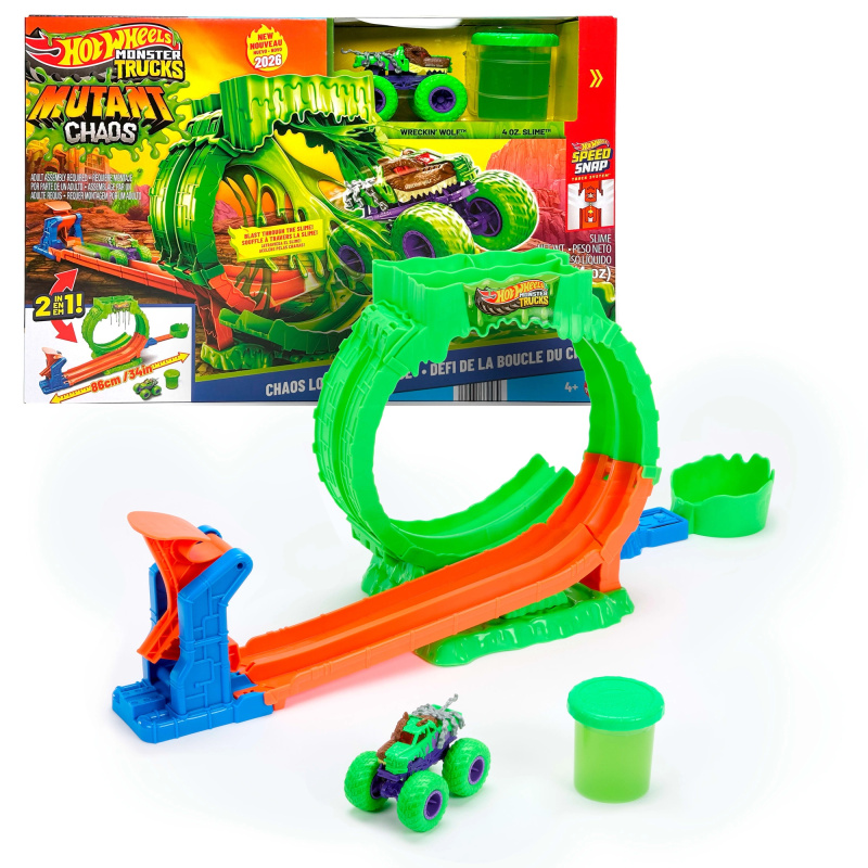 Hot Wheels Monster Trucks mutant chaos výzva smyčka chaosu se slizem a autíčkem Wreckin' Wolf