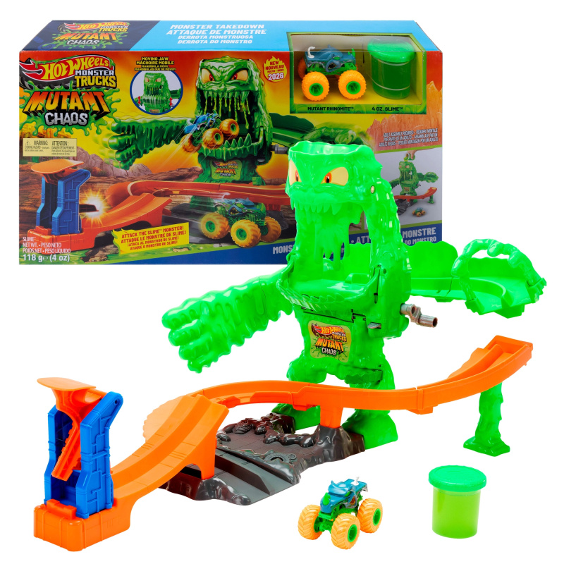 Hot Wheels monster truck dráha se slizem: souboj s mutantním monstrem + autíčko