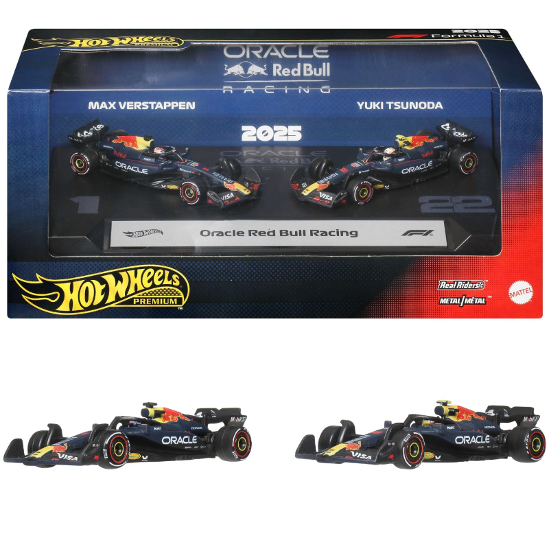 Hot Wheels Premium Formula 1 Oracle Red Bull Racing sada kovových monopostů Max Verstappen a Yuki Tsunoda