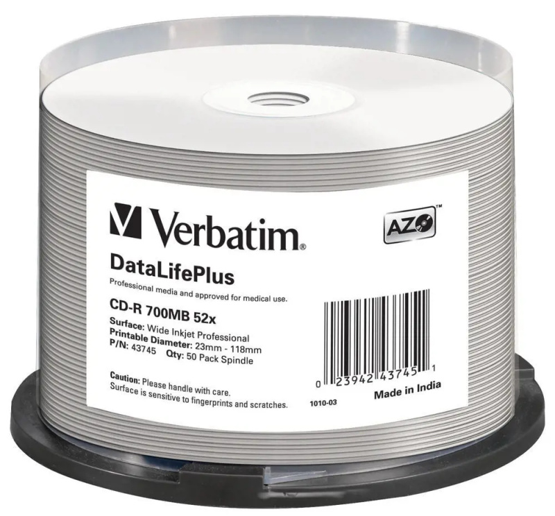 VERBATIM CD-R(50 ks) spindl, AZO 52X,700MB,bílý WIDE PRINTABLE SURFACE NON-ID