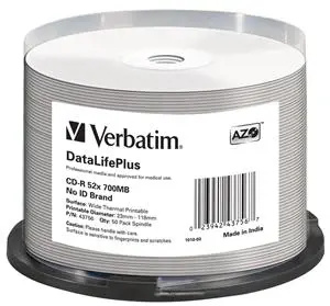 VERBATIM CD-R(50 ks) spindl, AZO 52X,700MB,bílý WIDE THERMAL PRINTABLE SURFACE NON-ID