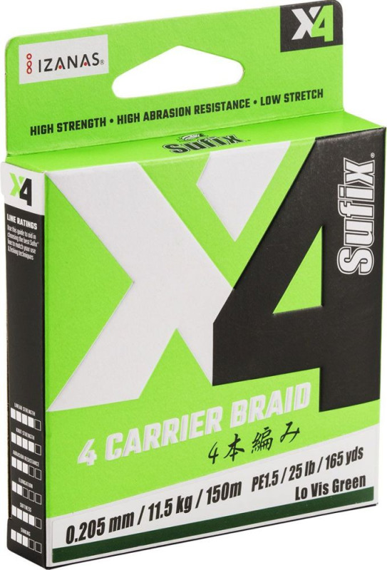 Sufix splétaná šňůra x4 braid hi-vis green - 0,128 mm 5,5 kg 120 m