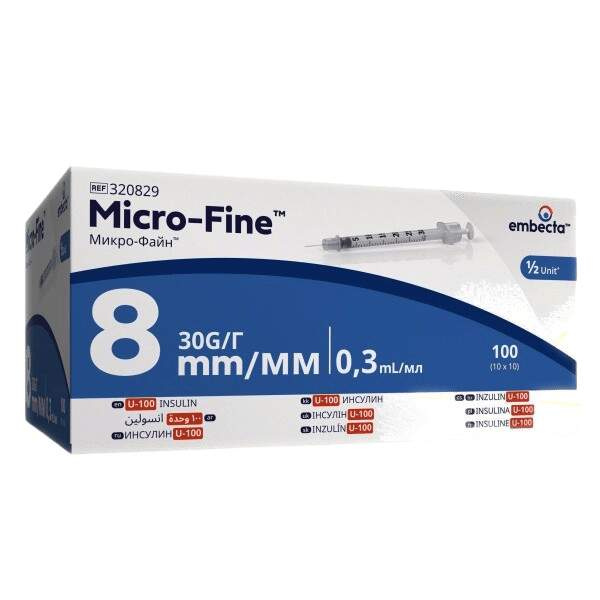 EMBECTA Micro-fine U-100 inzulinové stříkačky 8mm 0.3ml 100 kusů