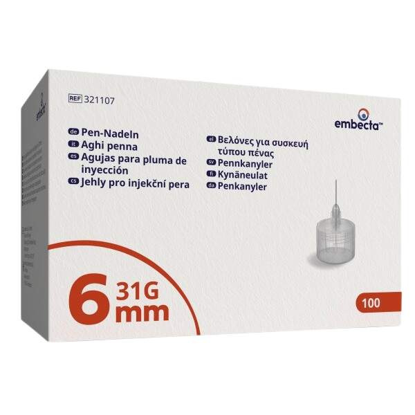 embecta Jehly pro injekční pera 6mm, 31G, 3bevel, TW, 100ct