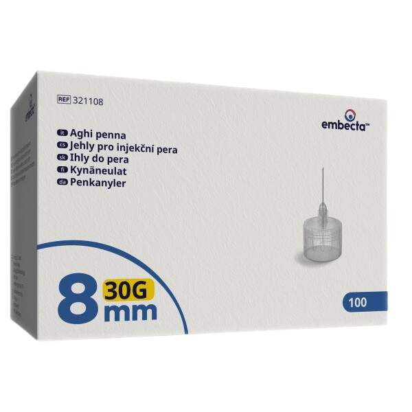 embecta Jehly pro injekční pera 8mm, 30G, 3bevel, TW, 100ct