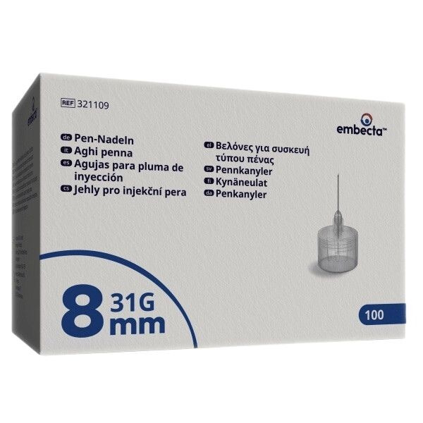 embecta Jehly pro injekční pera 8mm, 31G, 3bevel, TW, 100ct