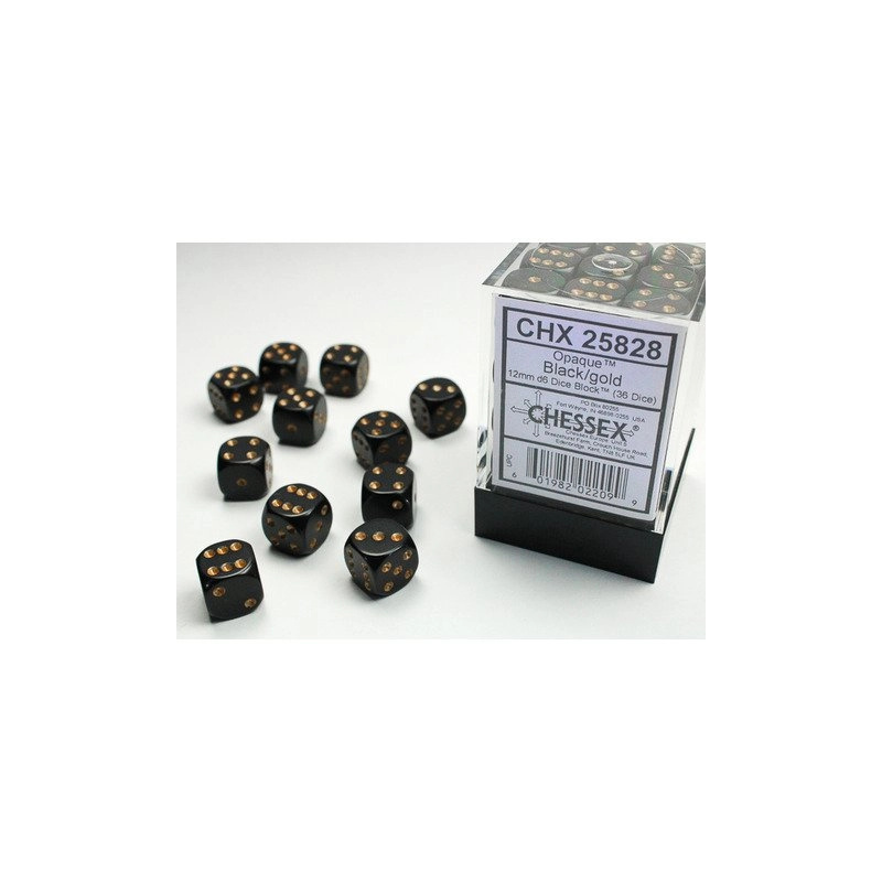 Chessex opaque černé/zlaté kostky d6 12 mm (36 ks)