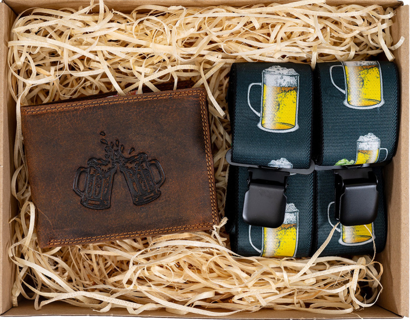 PIX Dárkový set pro muže - Kožená peněženka a kšandy - Pivo