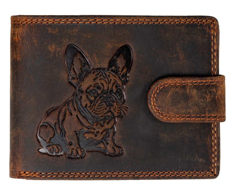 WILD Kožená peněženka s přeskou - Francouzský buldoček - hnědá
