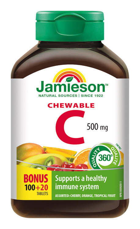 JAMIESON Vitamín C 500 mg mix tří ovocných příchutí 120 žvýkacích tablet