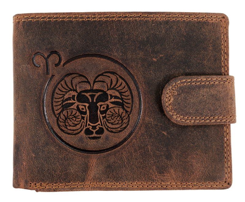 WILD Pánská kožená peněženka s přeskou s obrázky znamení - BERAN - hnědá