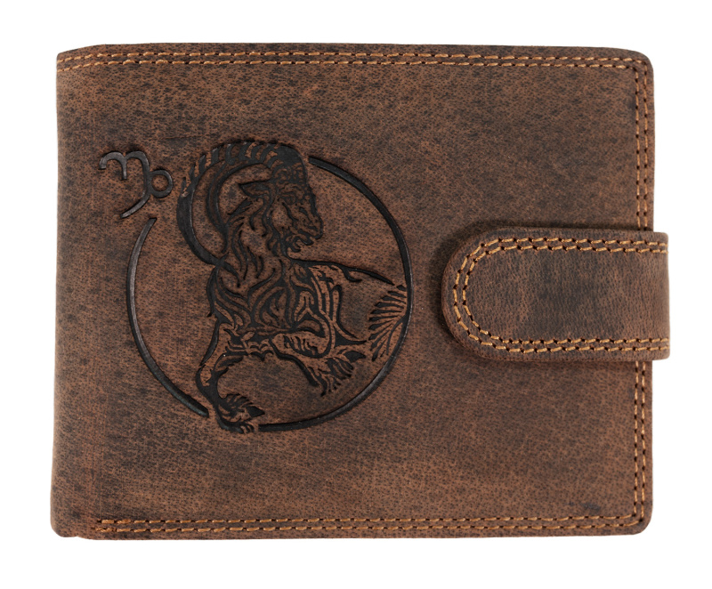 WILD Pánská kožená peněženka s přeskou s obrázky znamení - KOZOROH - hnědá