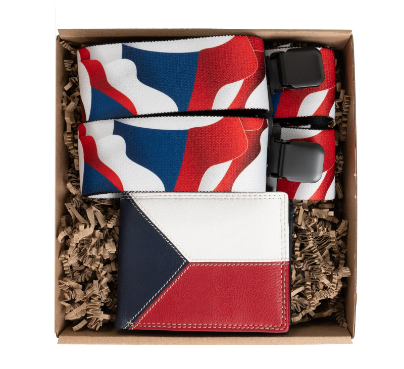 PIX Dárkový set pro muže - Kožená peněženka a kšandy - Česká vlajka