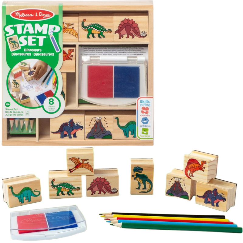 Melissa & Doug kreativní sada dinozauri – razítka, razítkovací polštářek a pastelky