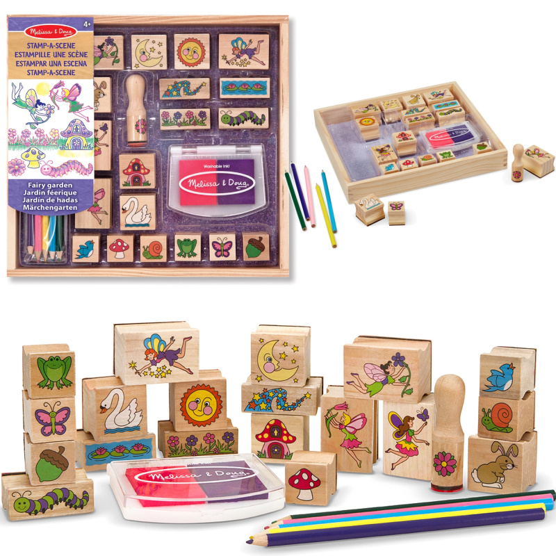 Melissa & Doug kreativní sada dřevěná razítka vílí zahrada (20 motivů, inkoust a pastelky)