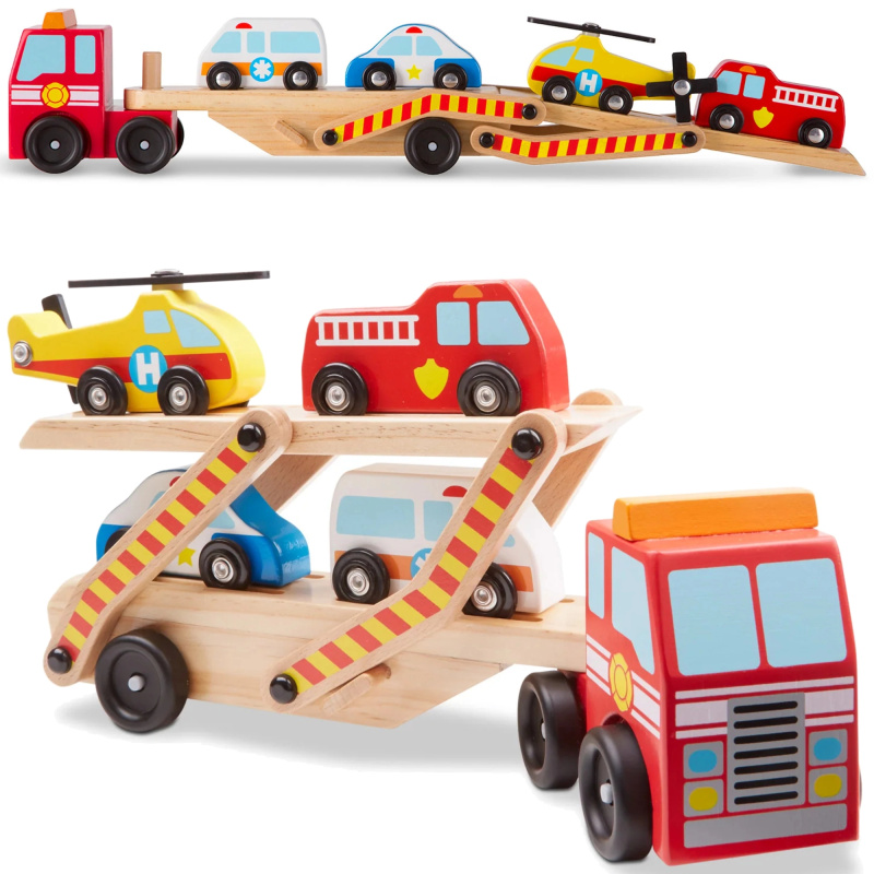 Melissa & Doug dřevěný transportér záchranných vozidel s autíčky (6 dílů)