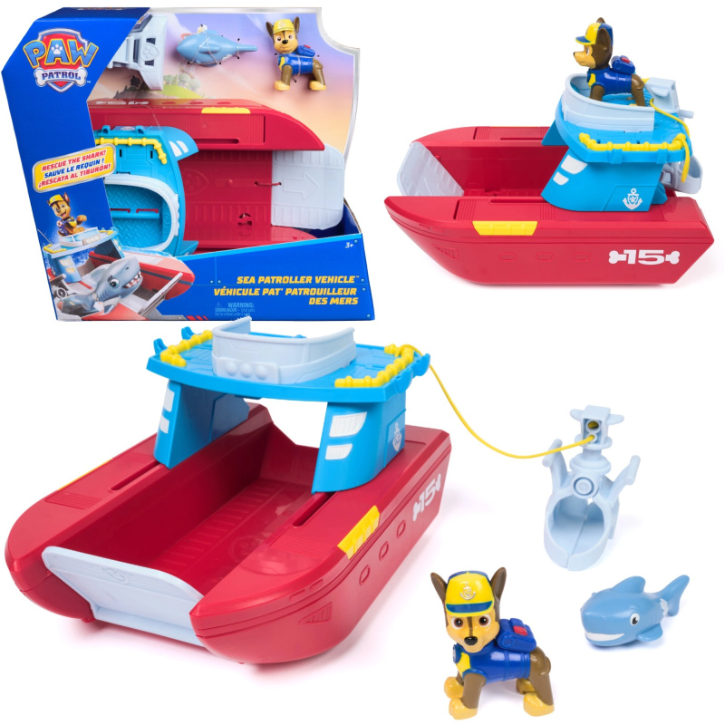 Spin Master PAW Patrol Sea patroller – záchranná loď pobřežní hlídky s figurkou Chase a žralokem