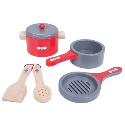 Bigjigs Toys dřevěný set nádobí s puntíky