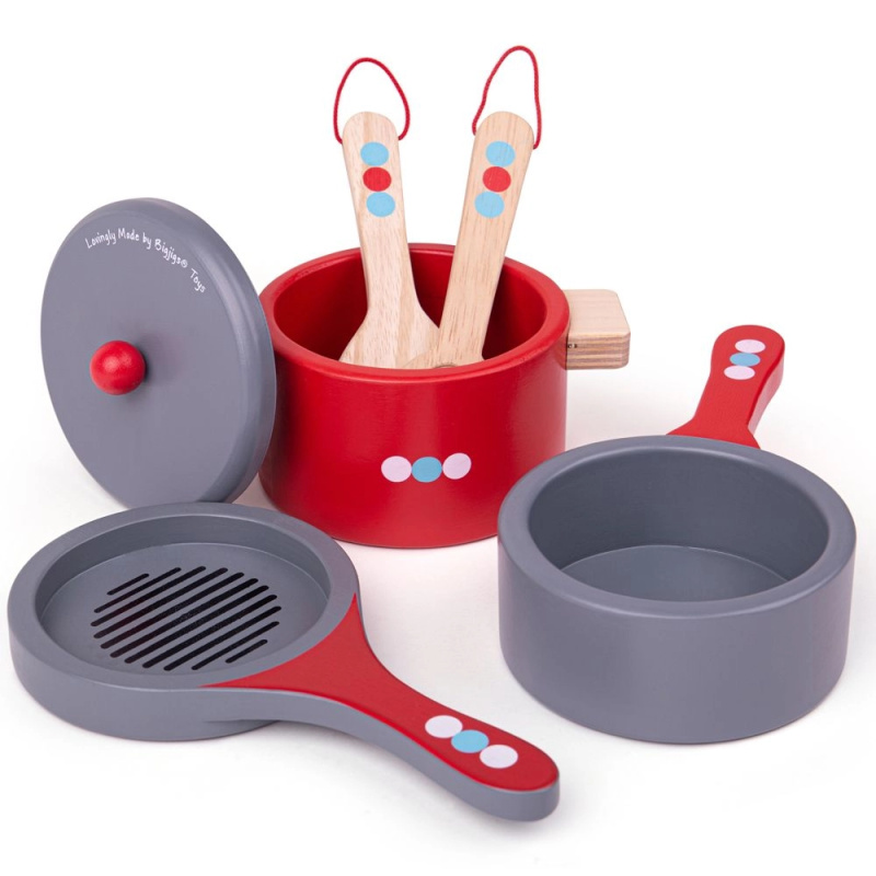 Bigjigs Toys dřevěný set nádobí s puntíky