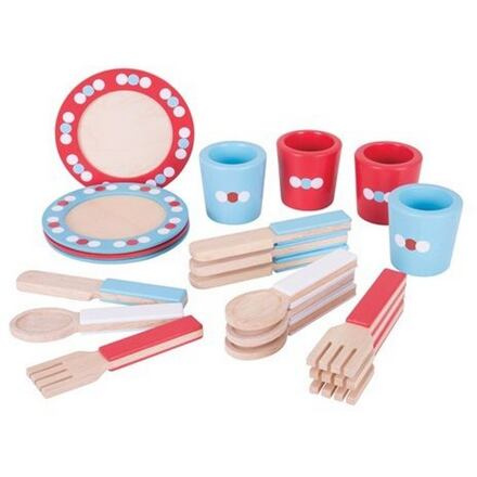 Bigjigs Toys dřevěný jídelní servis s puntíky