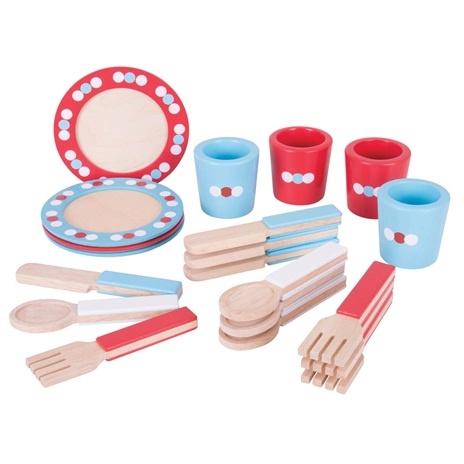 Bigjigs Toys dřevěný jídelní servis s puntíky