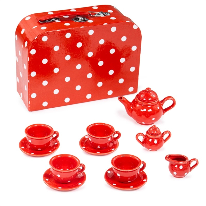 Bigjigs Toys červený puntikovaný čajový set
